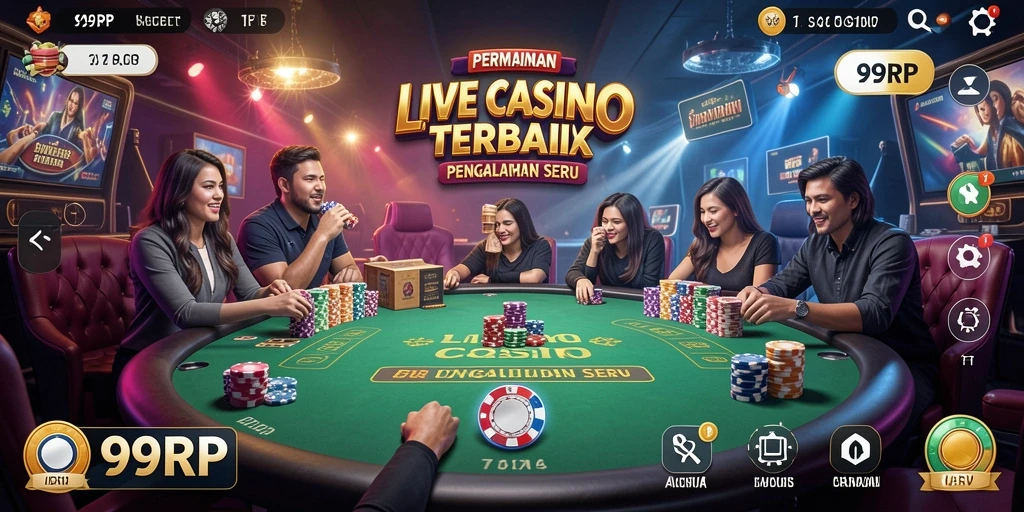 Tangkapan layar gameplay 99RP menampilkan dealer langsung dan suasana casino yang seru.