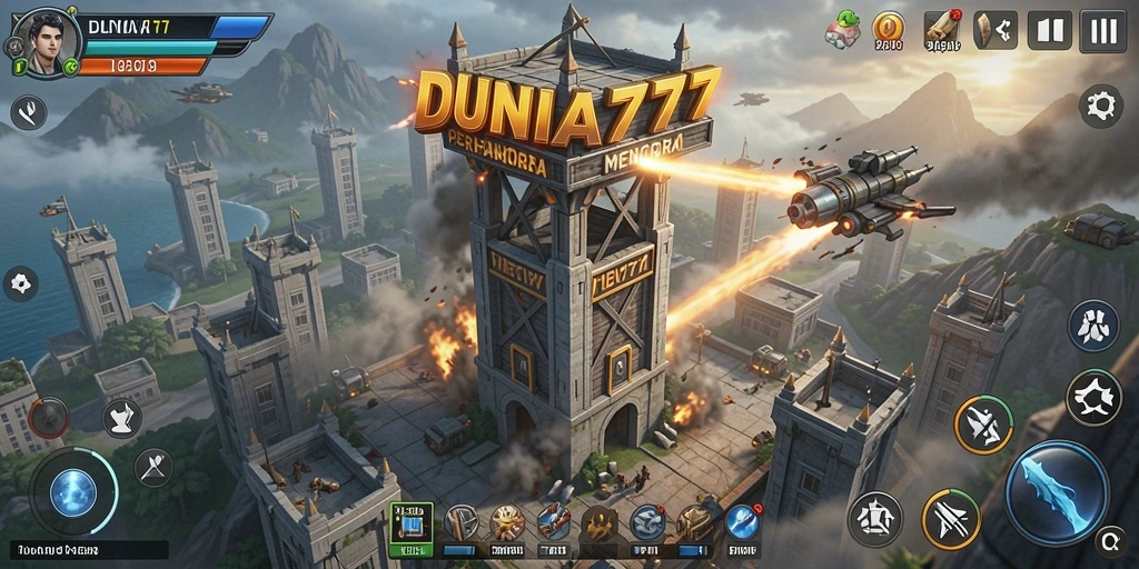 Tampilan gameplay DUNIA777 dalam pertempuran Tower Defense yang intens.
