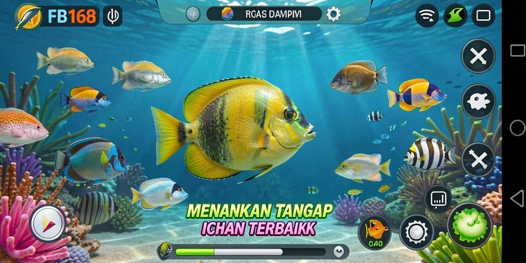 Tangkapan layar FB168 menampilkan aksi seru memancing ikan.