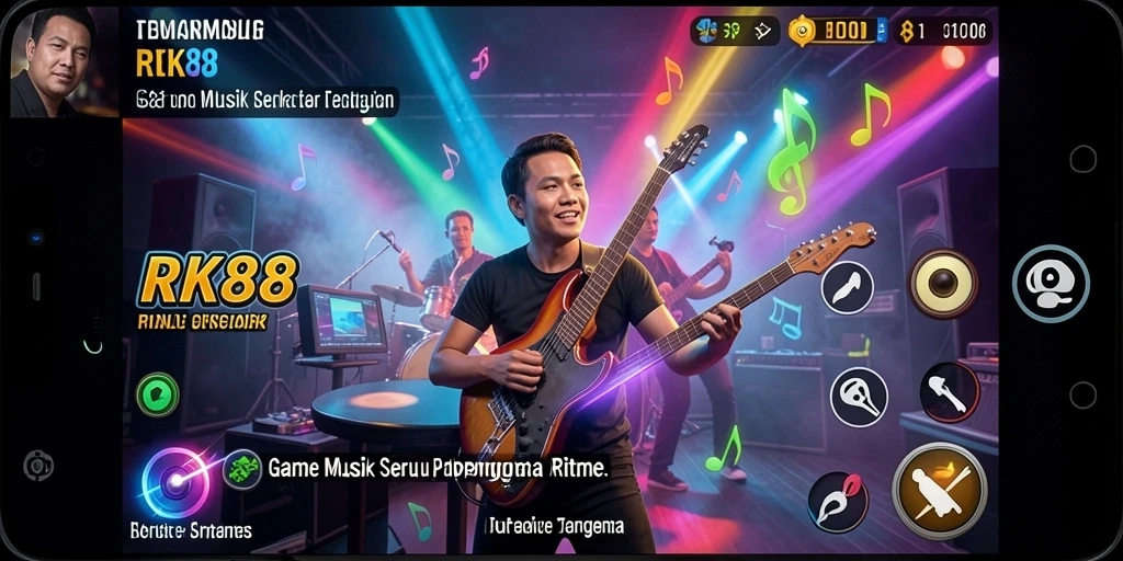 Screenshot gameplay RK88 menampilkan pemain yang sedang menikmati permainan musik.