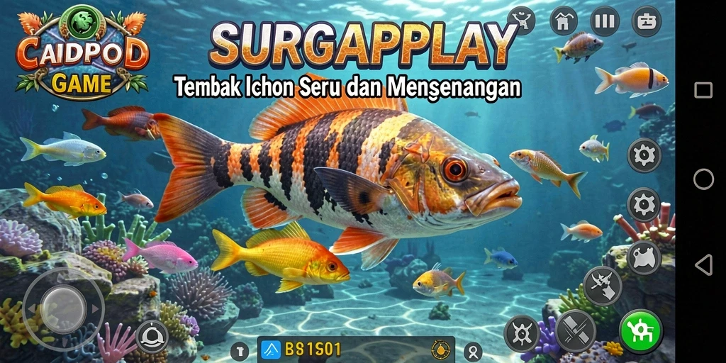 Tangkapan layar utama SURGAPLAY menunjukkan aksi menembak ikan yang mengasyikkan.